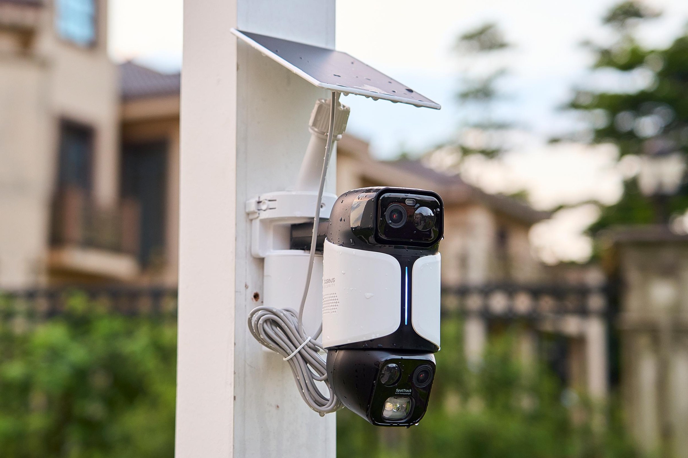 Baseus PrimeSentinel U2 Pro dual-chamber camera and solar panel hardware close-up