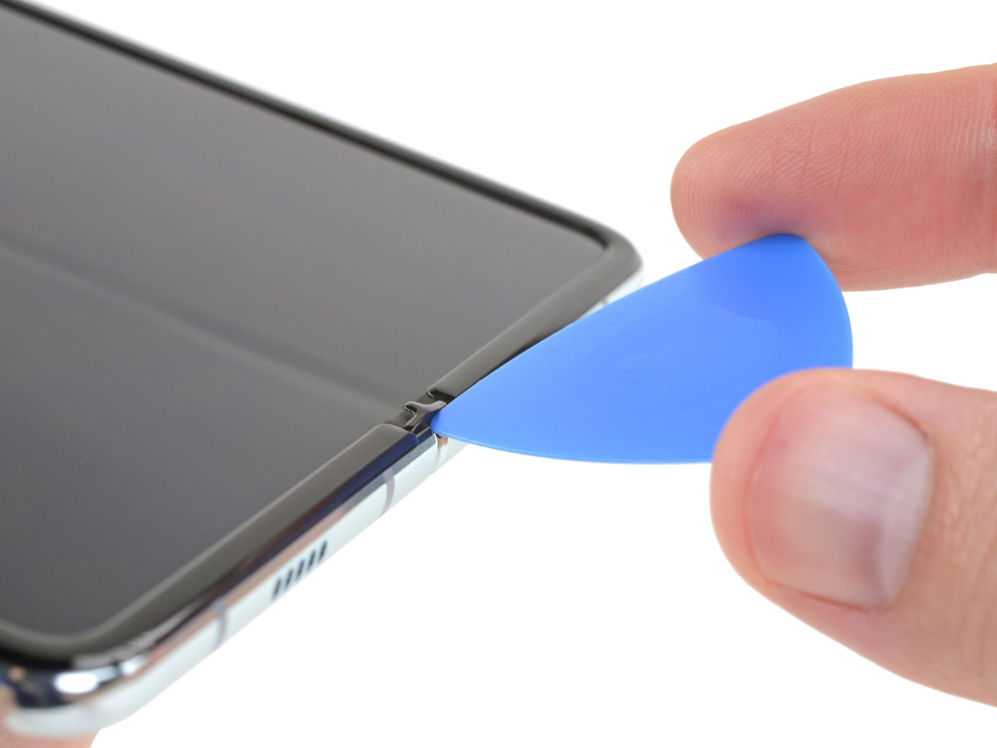 Samsung Galaxy Fold inner screen tear down showing prominent crease