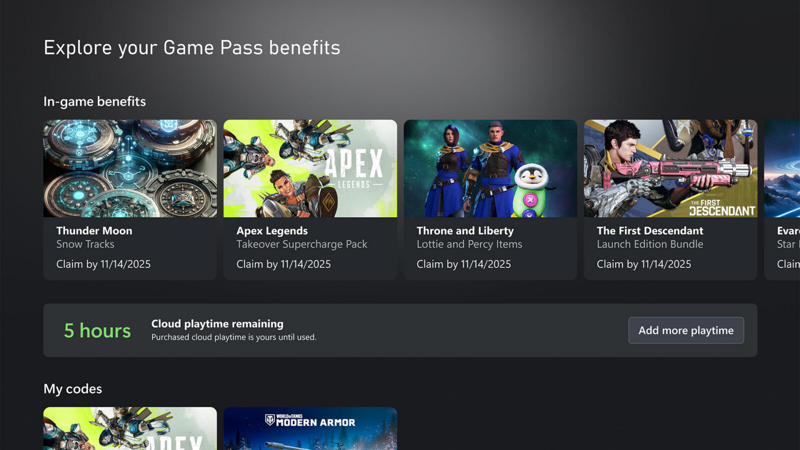 Interface Xbox montrant le temps cloud restant et l'option de recharge
