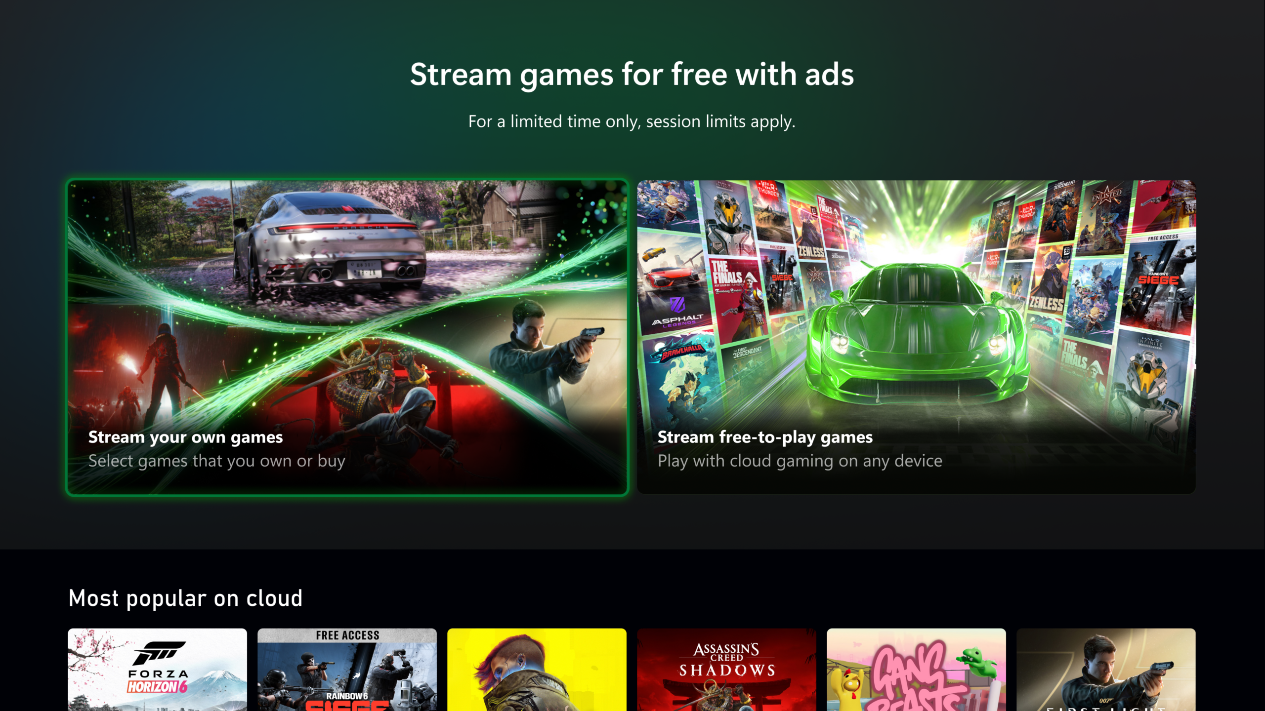 Interface du streaming gratuit avec publicité sur Xbox Cloud Gaming
