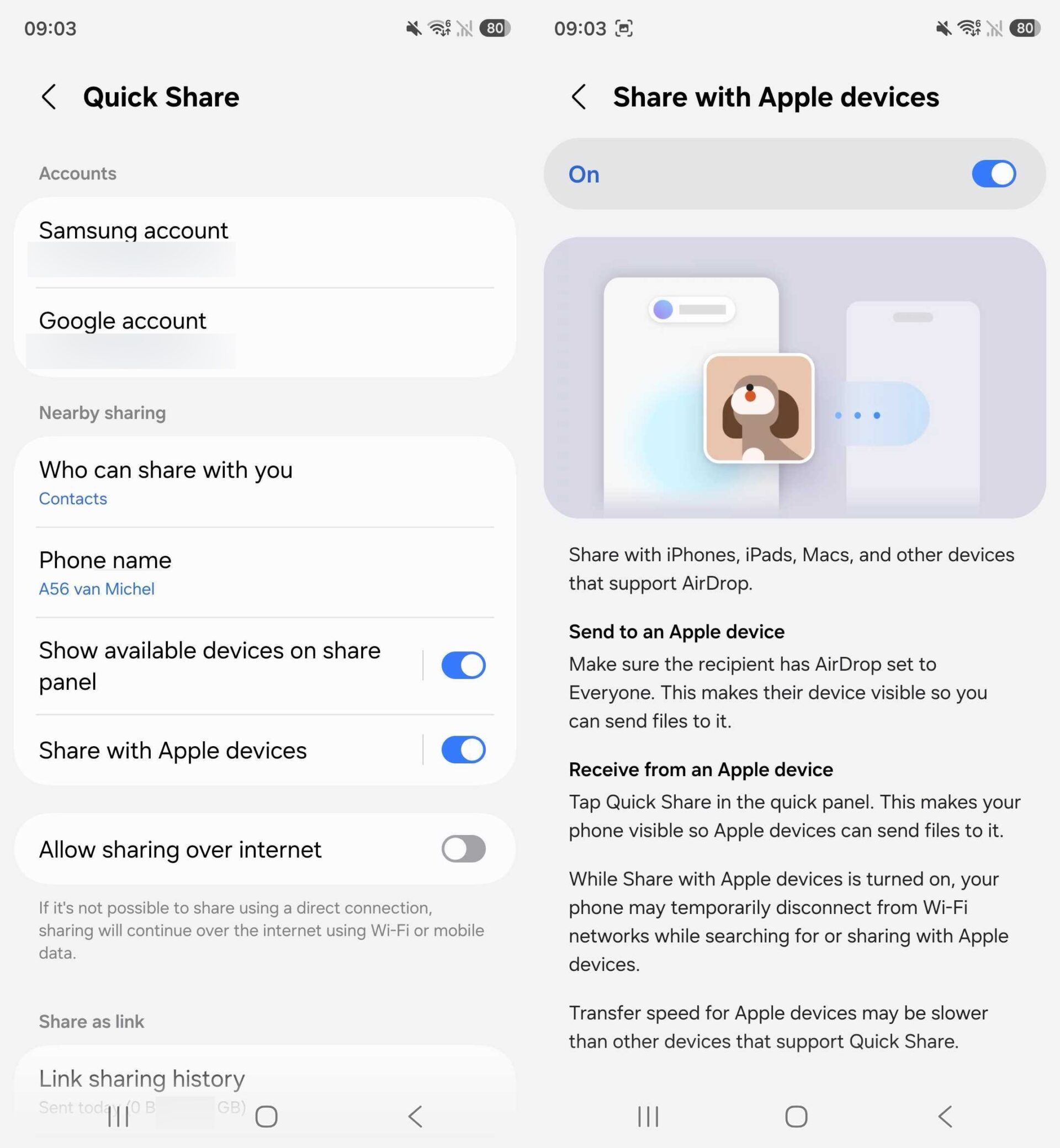 Paramètres de Quick Share et interface de partage avec les appareils Apple sur le Samsung Galaxy A56 sous One UI 9.0