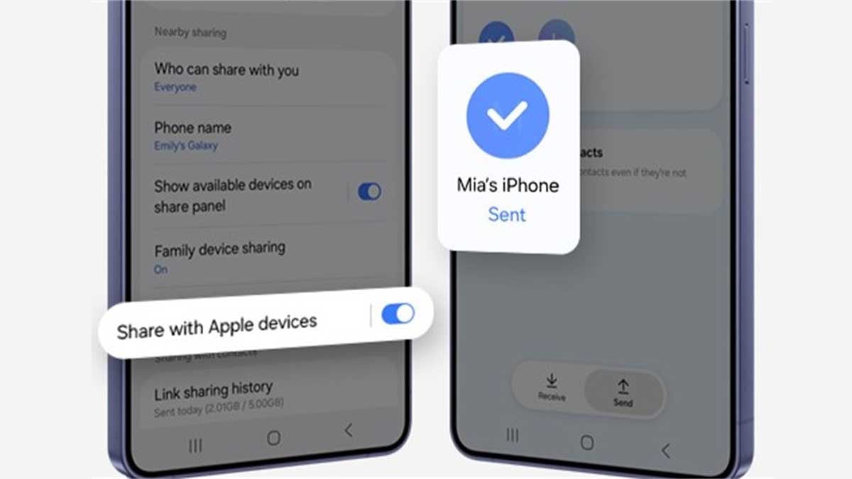 Interface One UI de Samsung activant le partage avec les appareils Apple pour transférer un fichier vers un iPhone