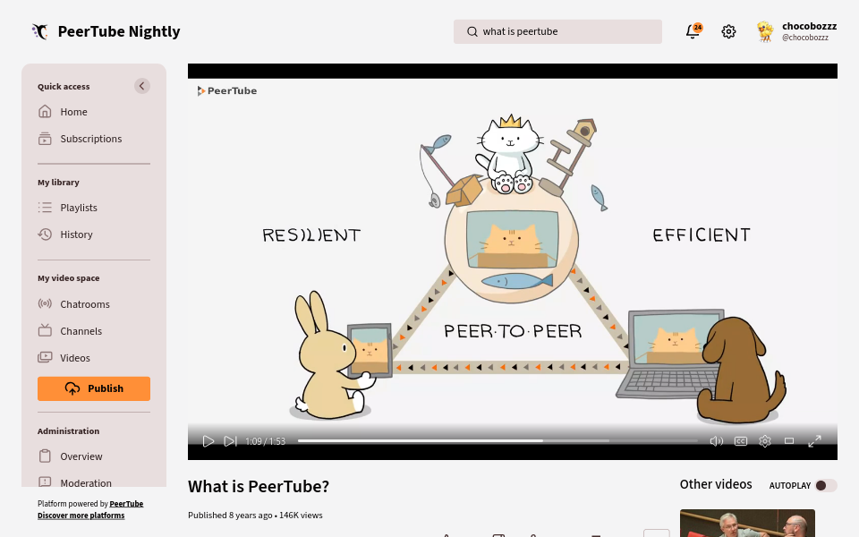 Screenshot of PeerTube's video browsing interface