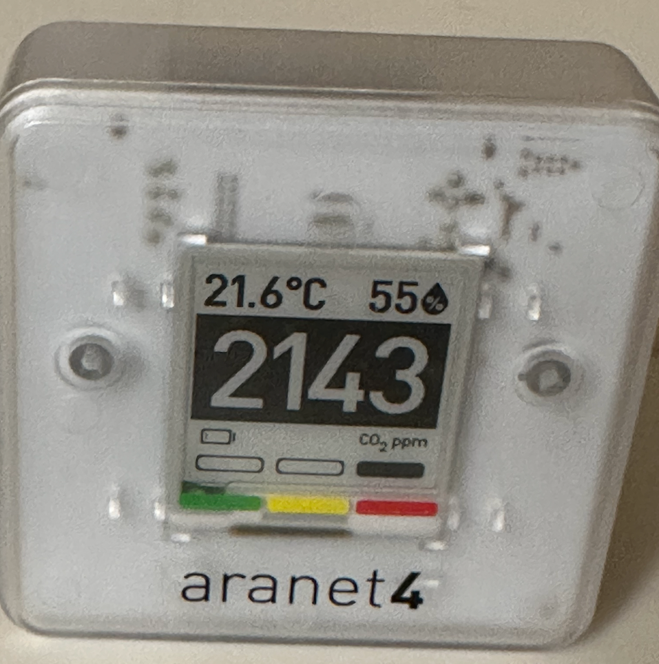 Portable CO₂ monitor showing 2143 ppm in a meeting room