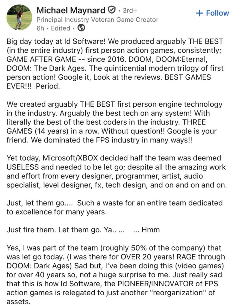 id Software veteran Michael Maynard confirms layoff on LinkedIn