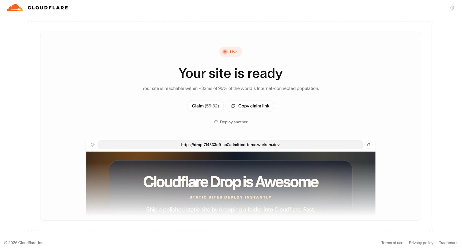 Cloudflare Drop 部署成功界面——显示实时站点预览、60 分钟认领倒计时和操作按钮