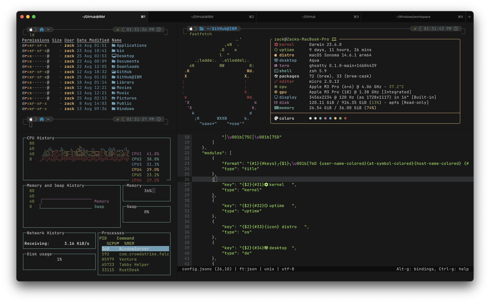 Ghostty 在 macOS 上的截图，展示了平台原生 UI 的 split 和 tab 布局