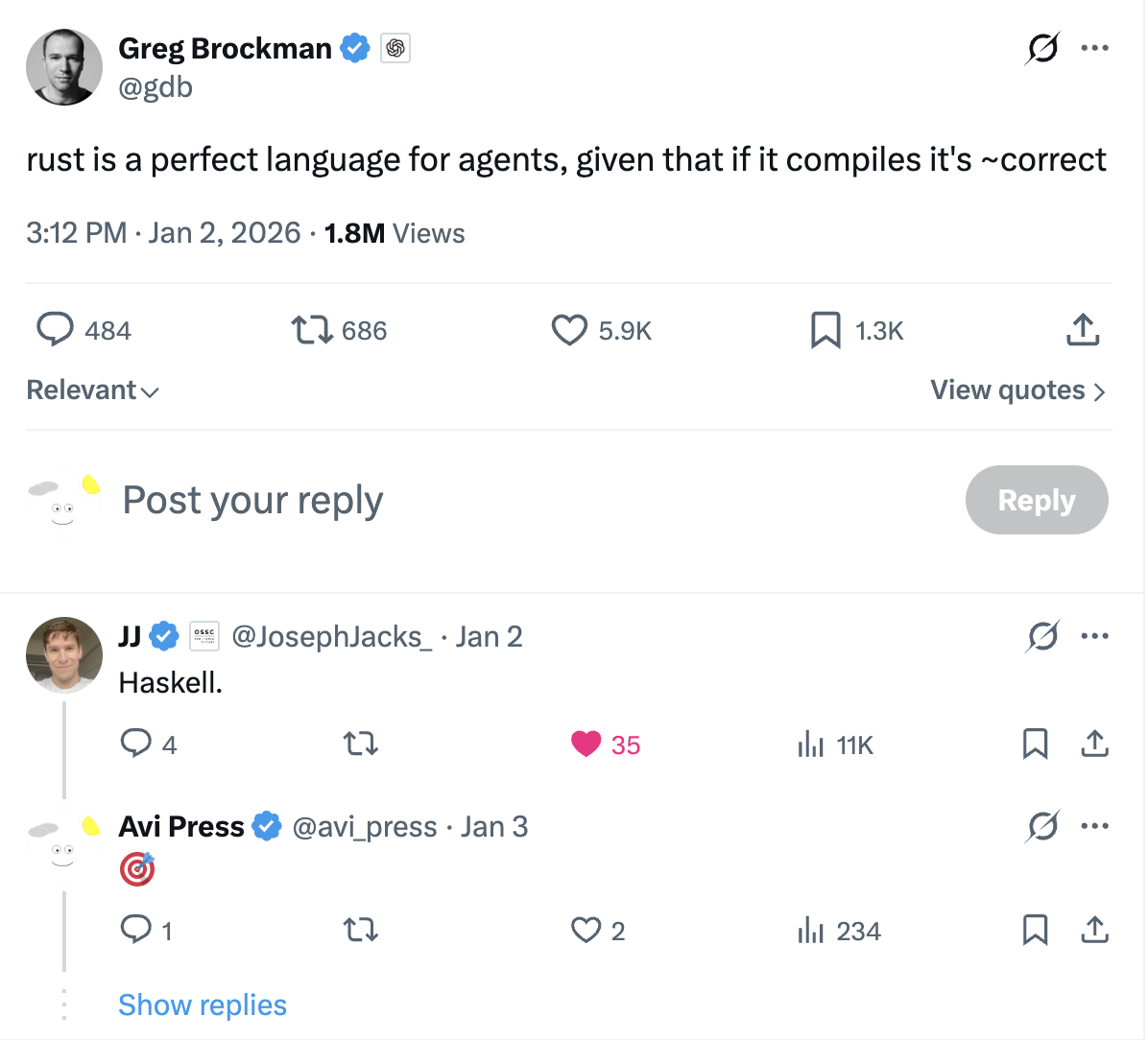 Screenshot of a Greg Brockman tweet about Rust being a perfect language for agents, with replies mentioning Haskell.