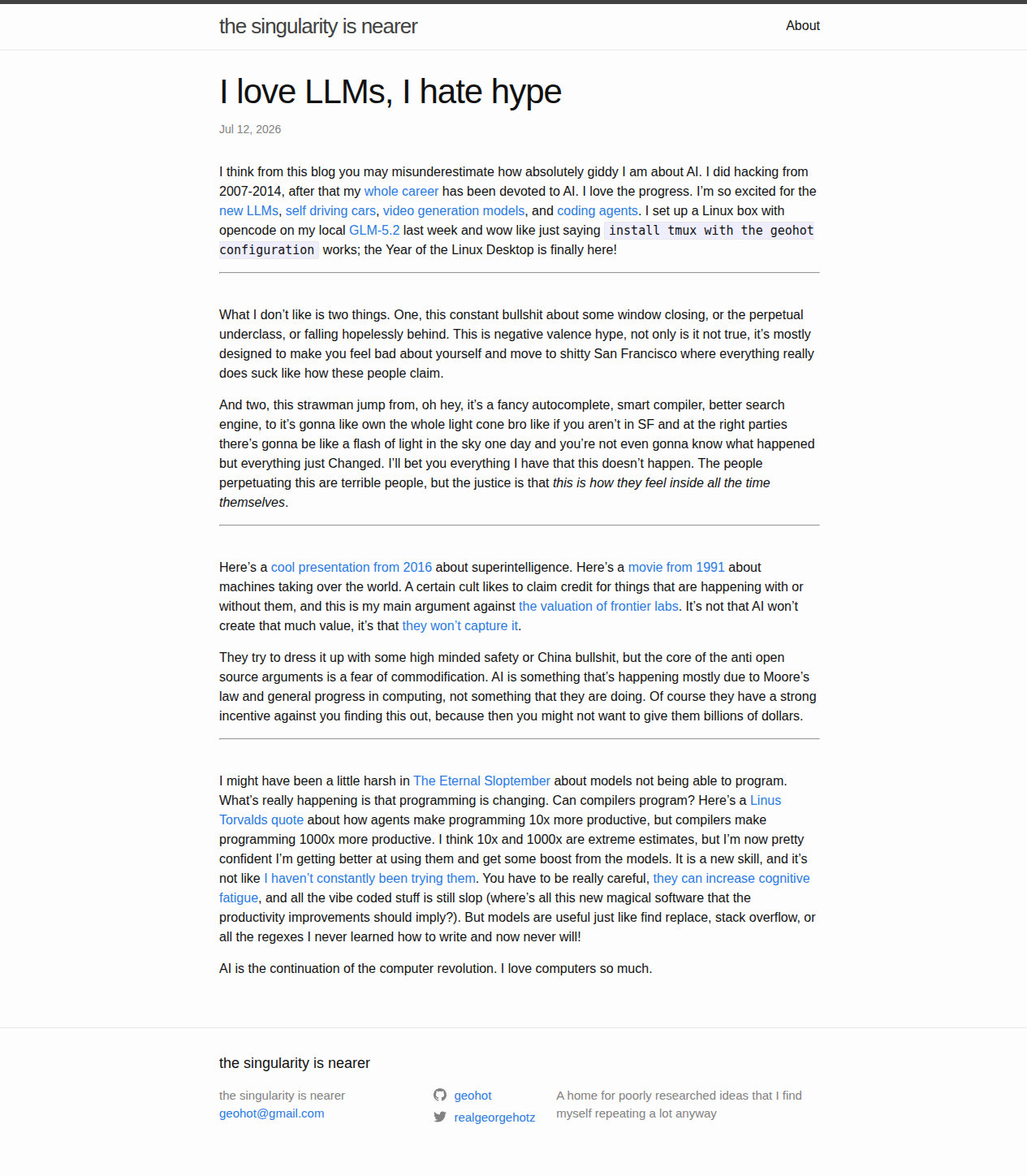 Geohot's blog post "I love LLMs, I hate hype"