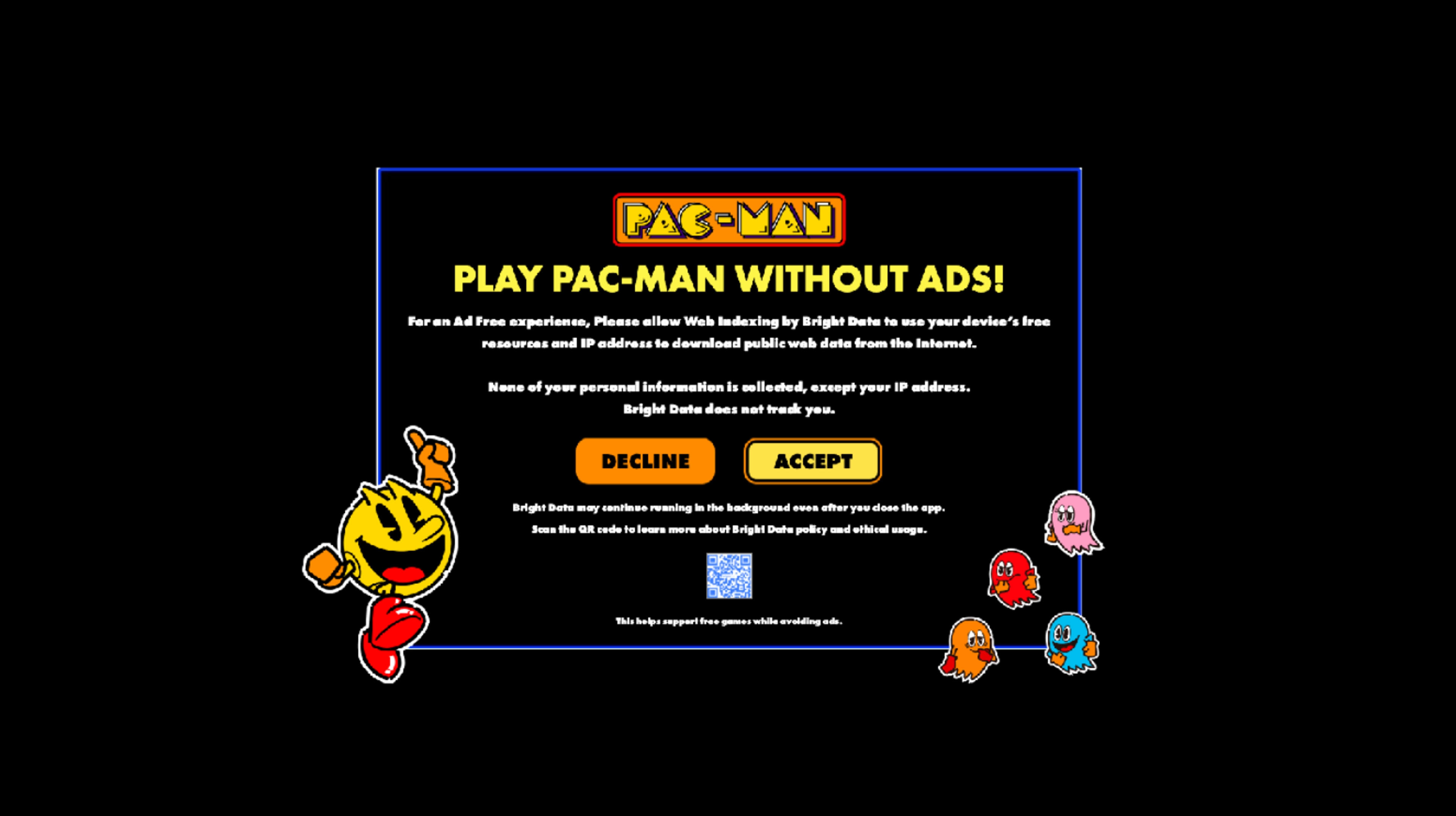 Pac-Man's consent screen on Samsung Tizen: watch ads or become a proxy node, pick one
