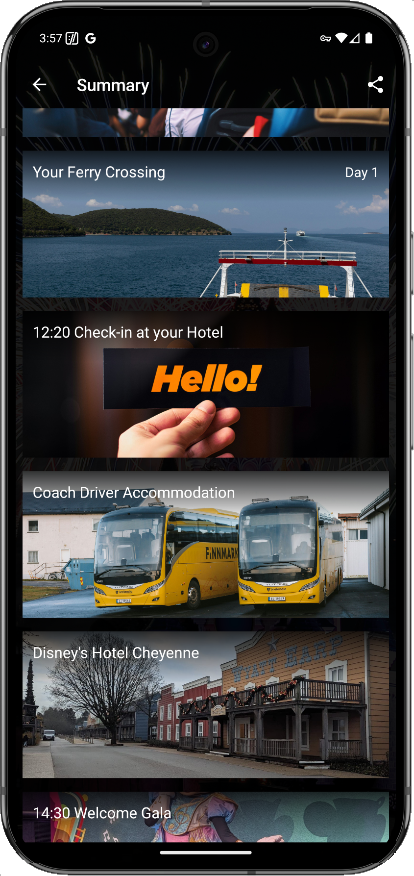 Travelbound app screenshot: showing ferry times, hotel check-in, Disney itinerary, and other info