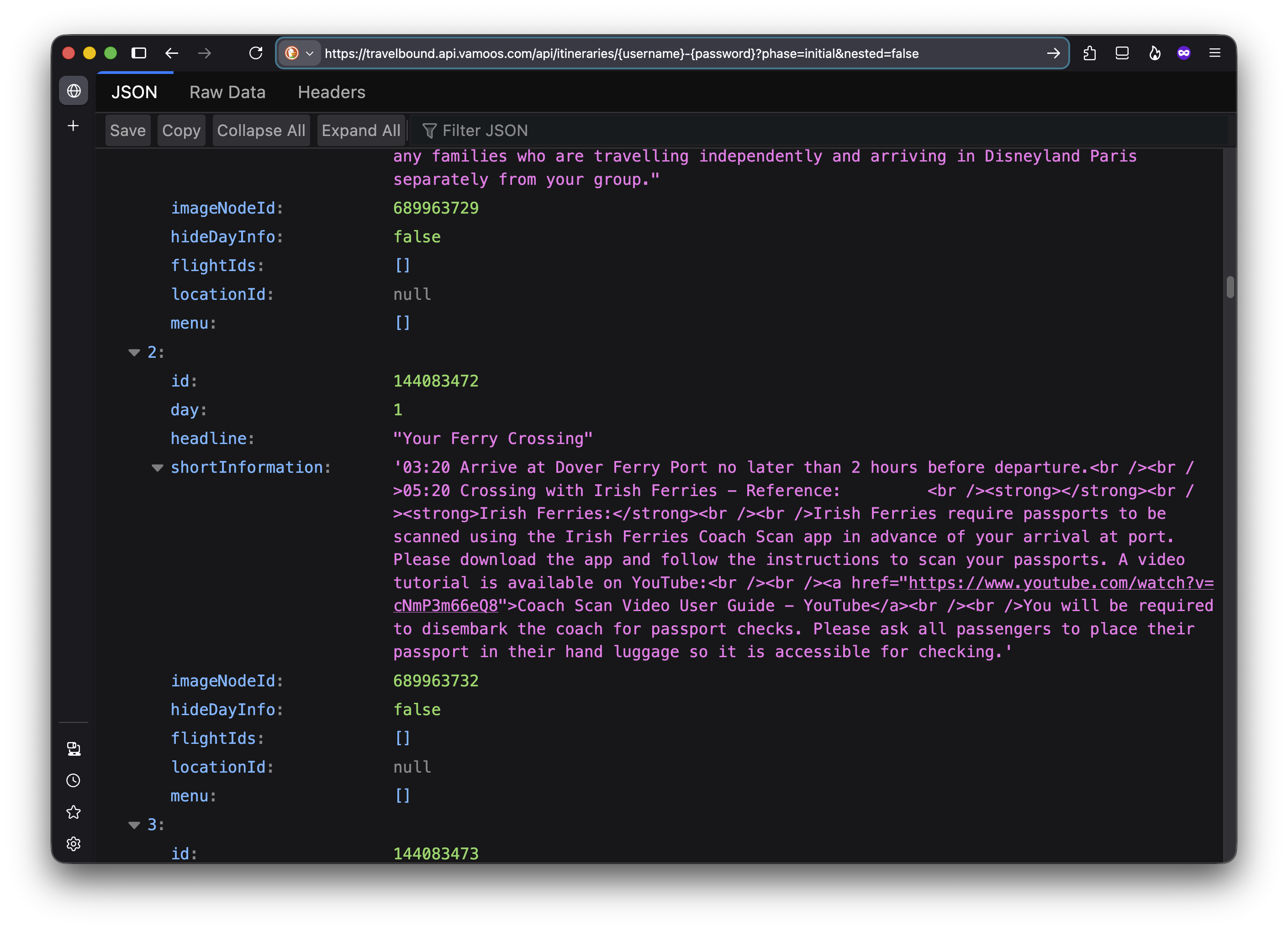 Packet capture of the API data: JSON containing itinerary info and HTML code