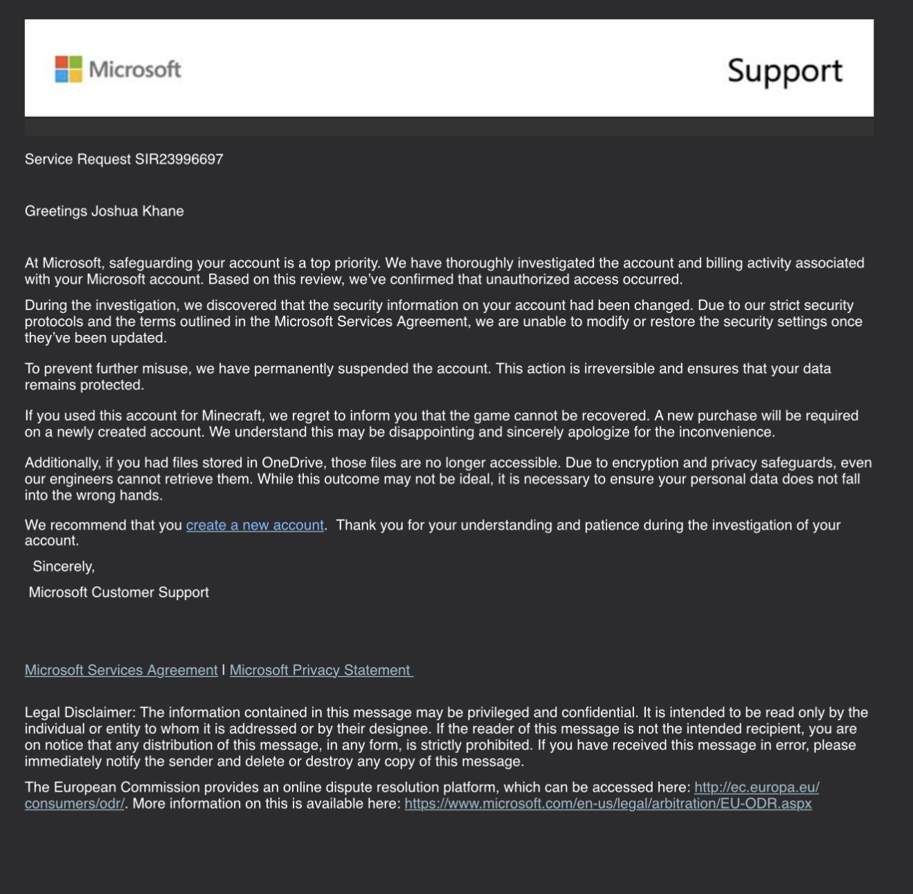 Joshua Khane calling out Microsoft on X for deleting his 25-year account