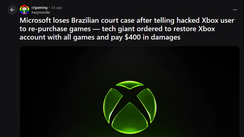 Screenshot of a Brazilian court ruling ordering Microsoft to restore a player's account