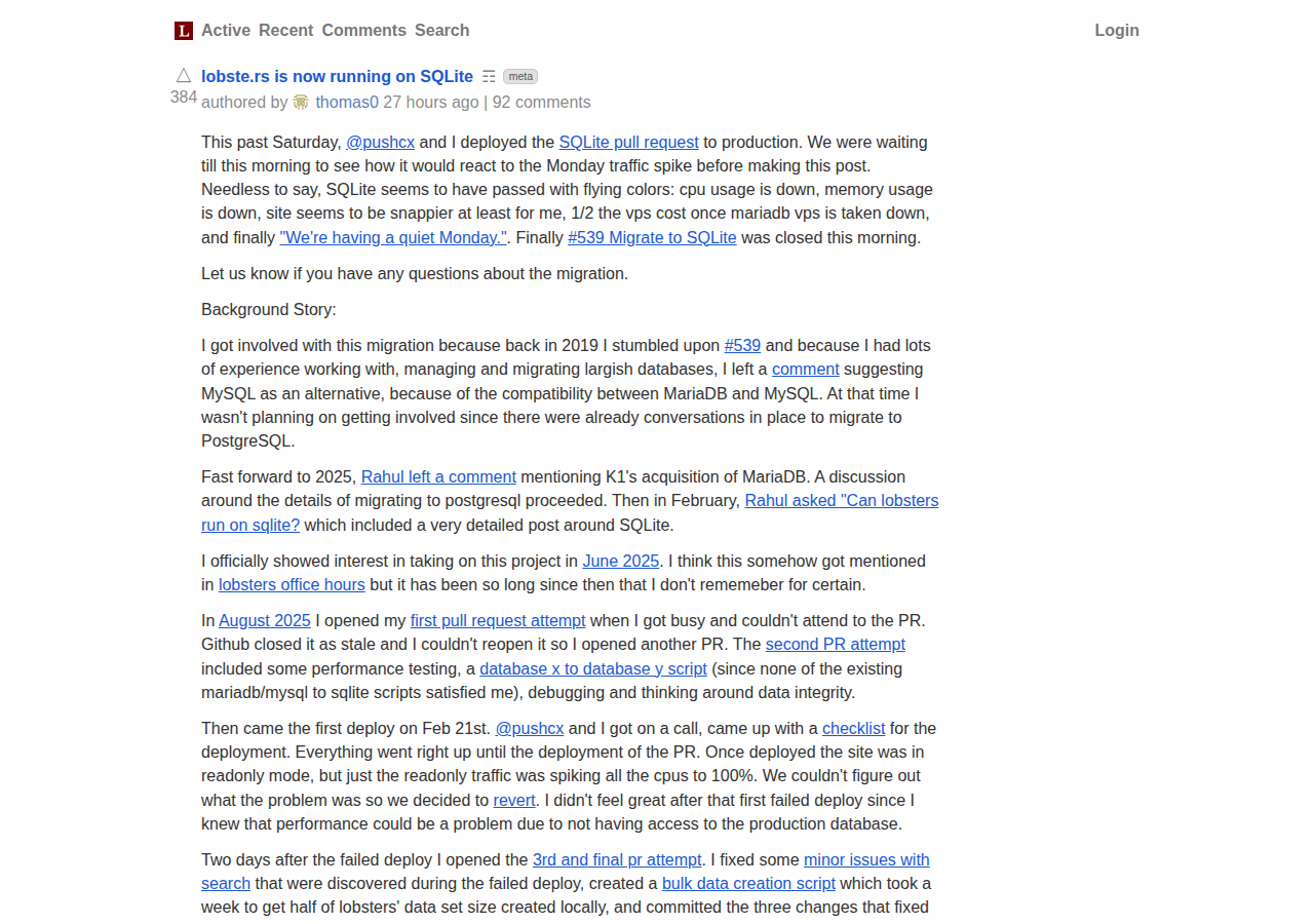 Lobsters' SQLite migration announcement post — a screenshot of Lobsters' own internal post