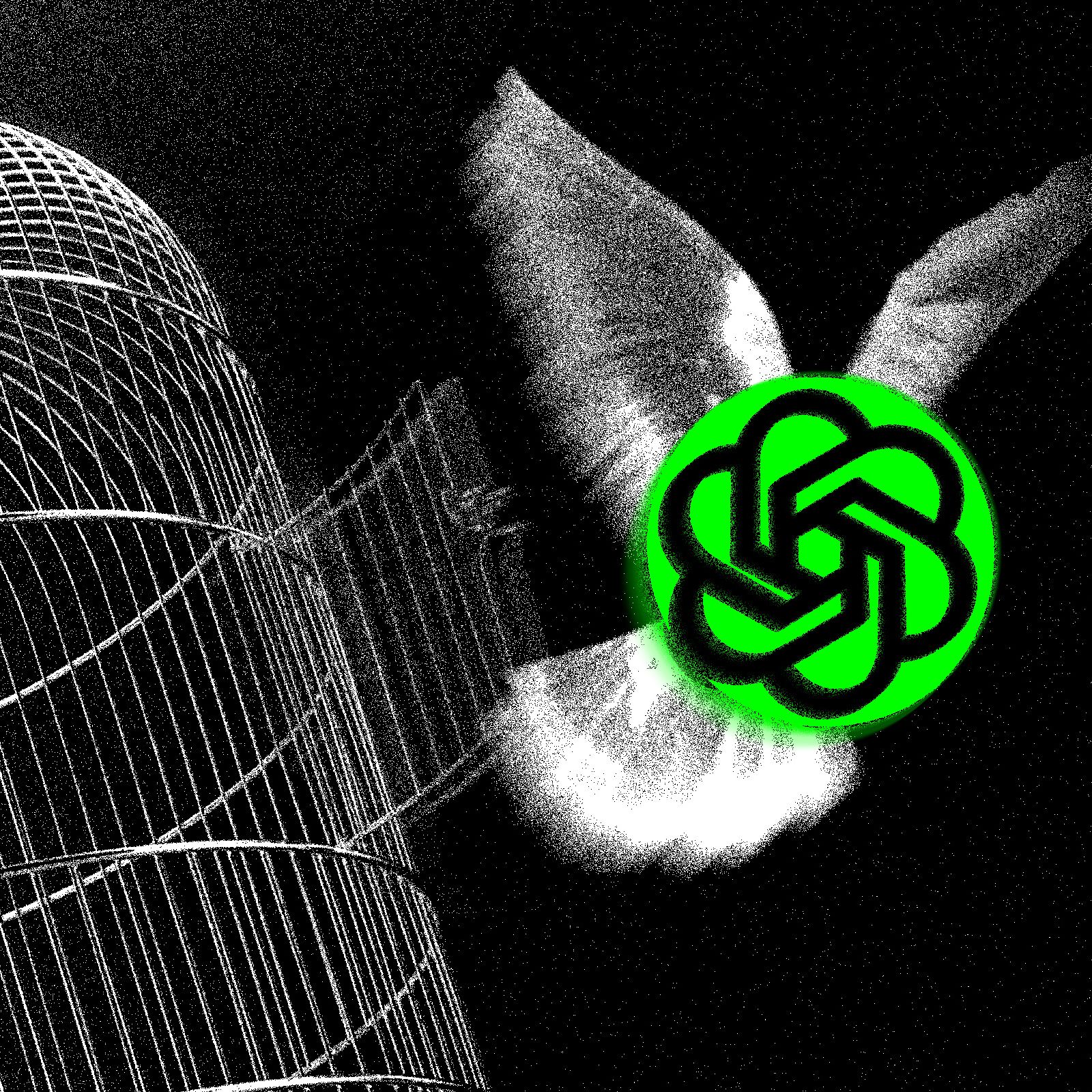 Ilustración conceptual del logotipo de OpenAI con alas escapando de una jaula