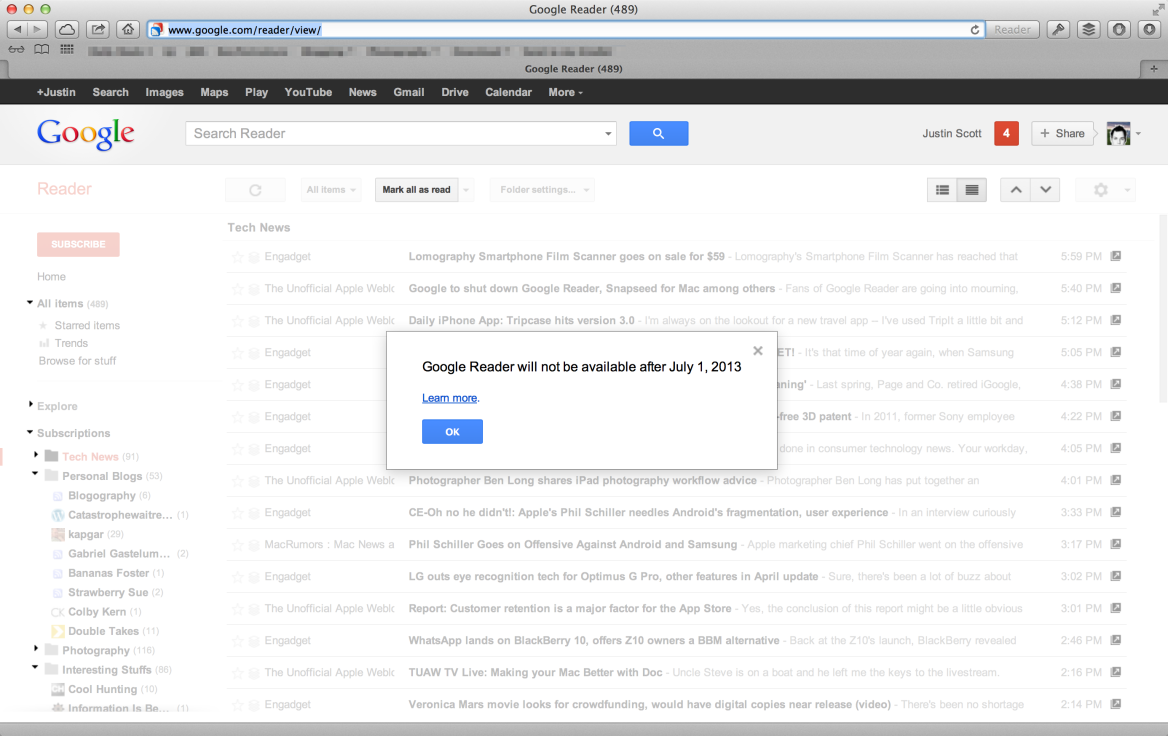 Google Reader 的关停通知弹窗