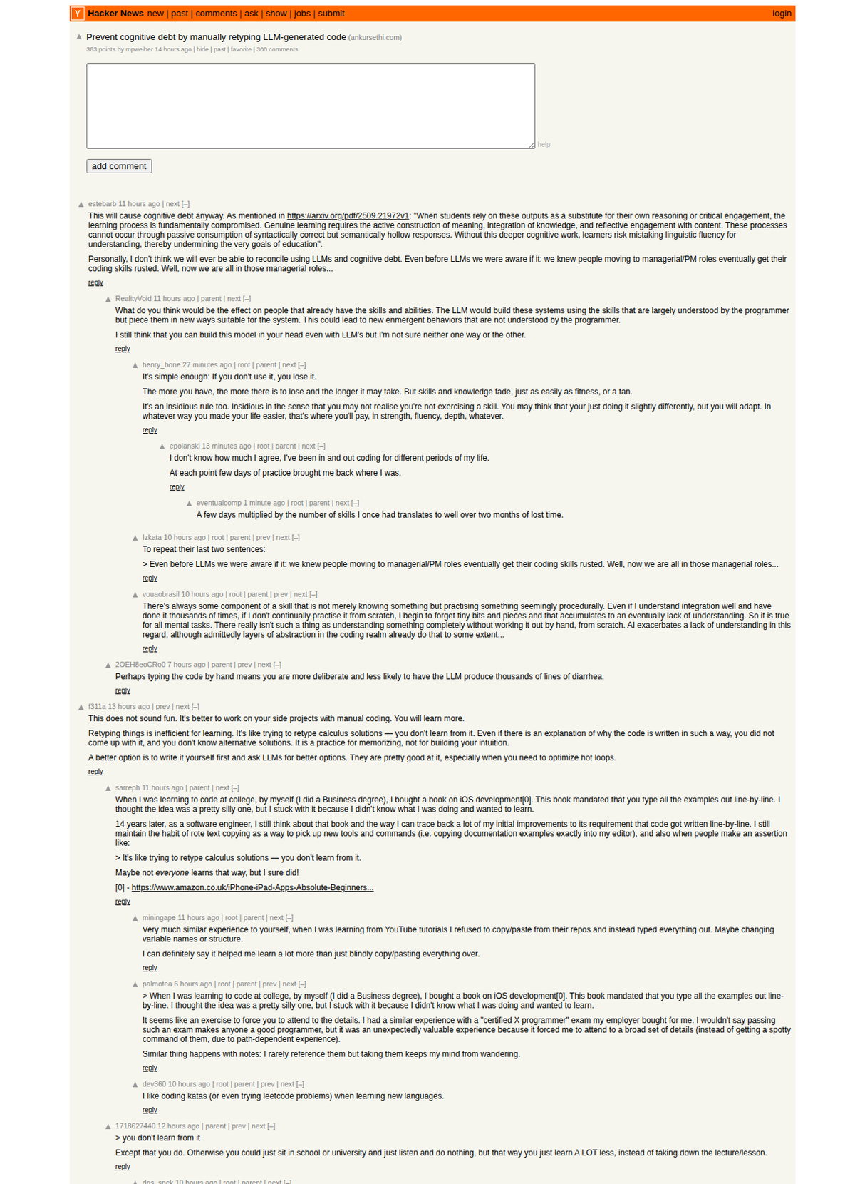 Hacker News 讨论页顶部：363 分、300 条评论的争论现场
