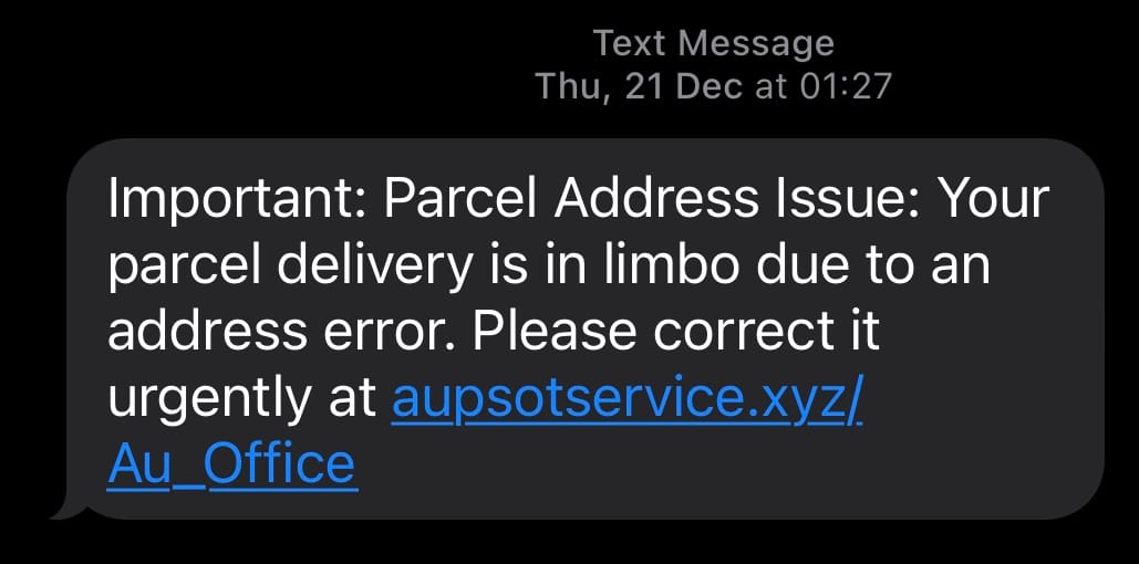 Ejemplo de SMS de phishing enviado por estafadores, con enlace a aupsotservice.xyz