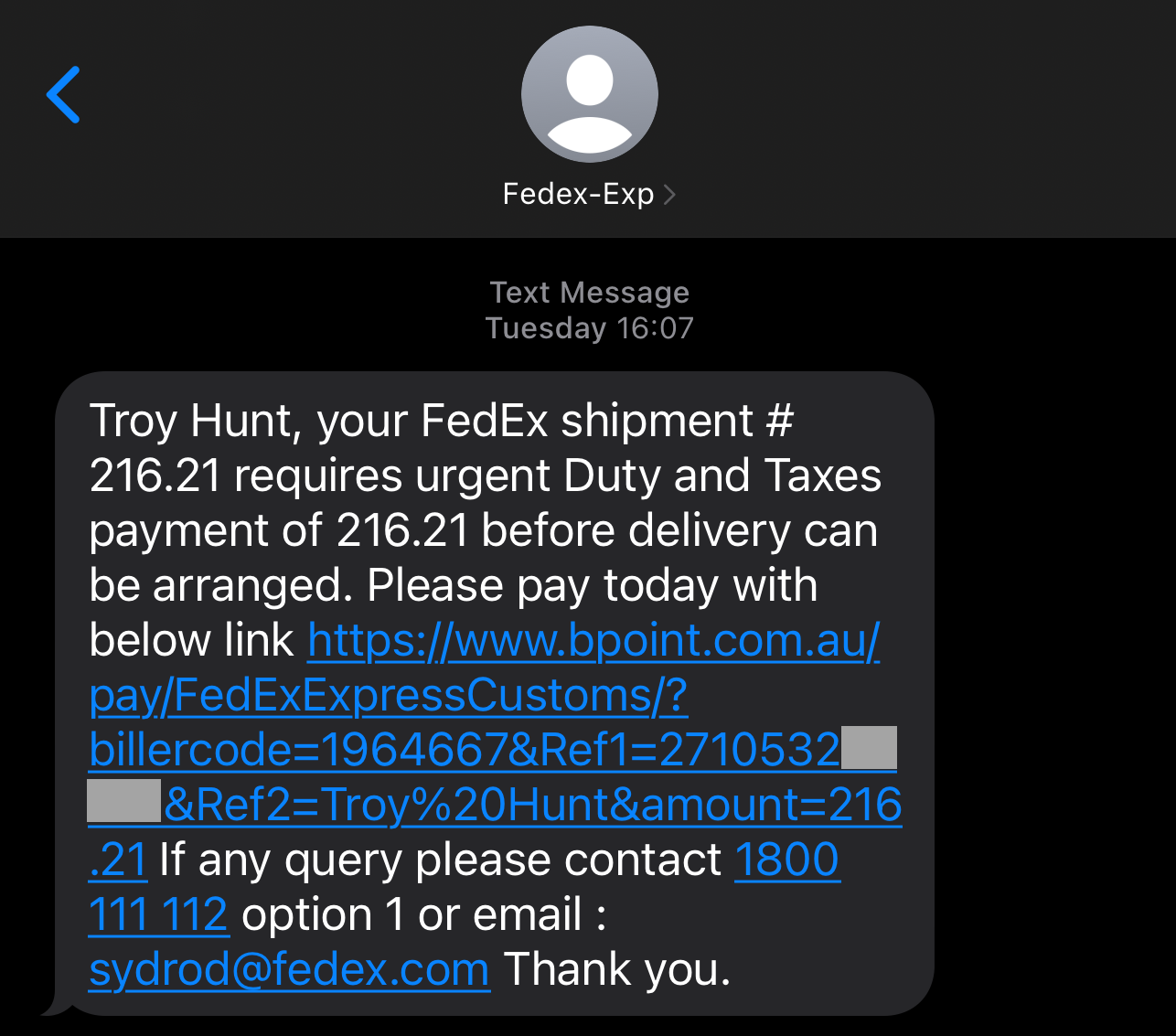 Captura del SMS oficial de FedEx enviado a Troy Hunt, con remitente Fedex-Exp