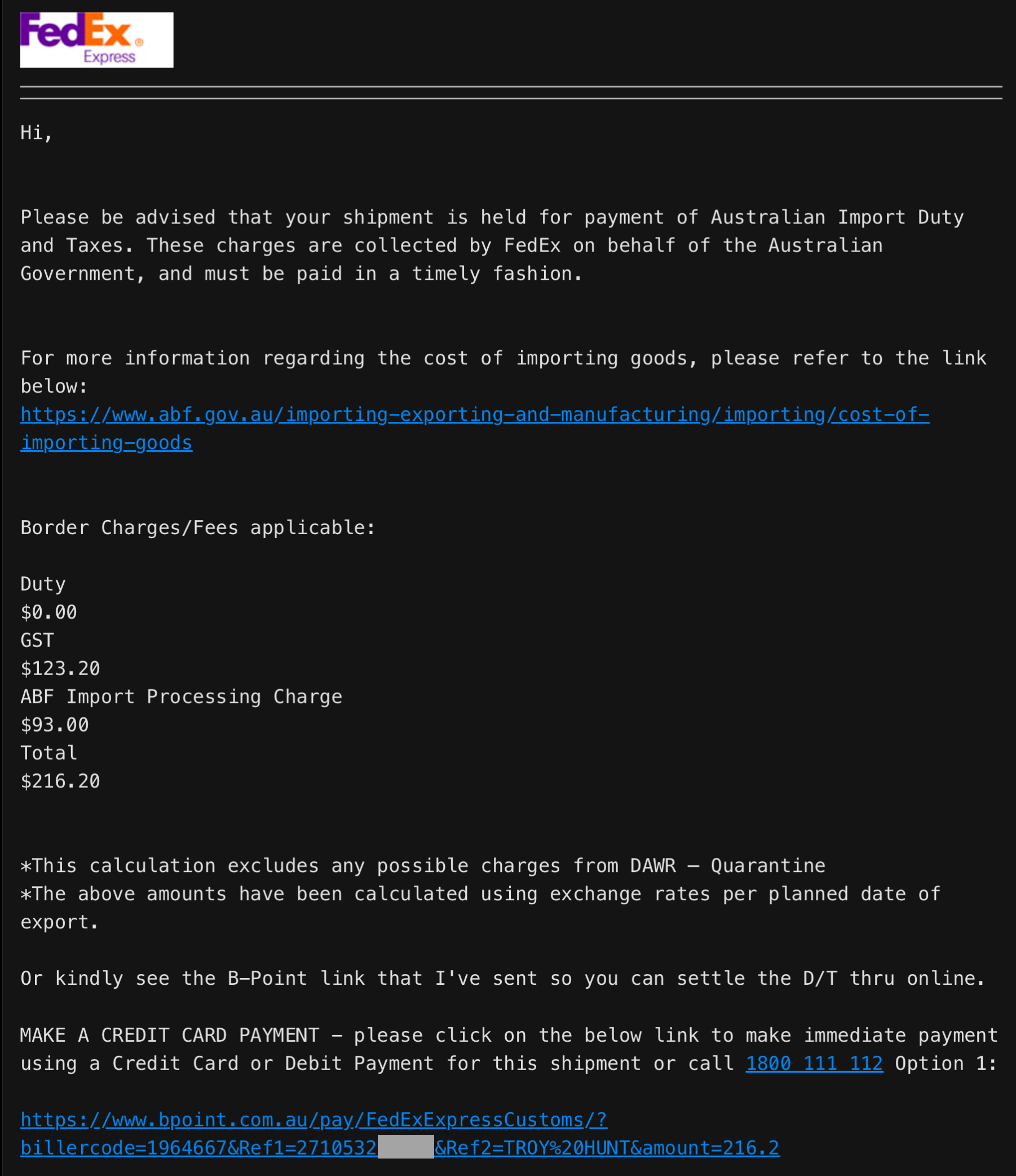 Captura del texto del correo oficial de FedEx