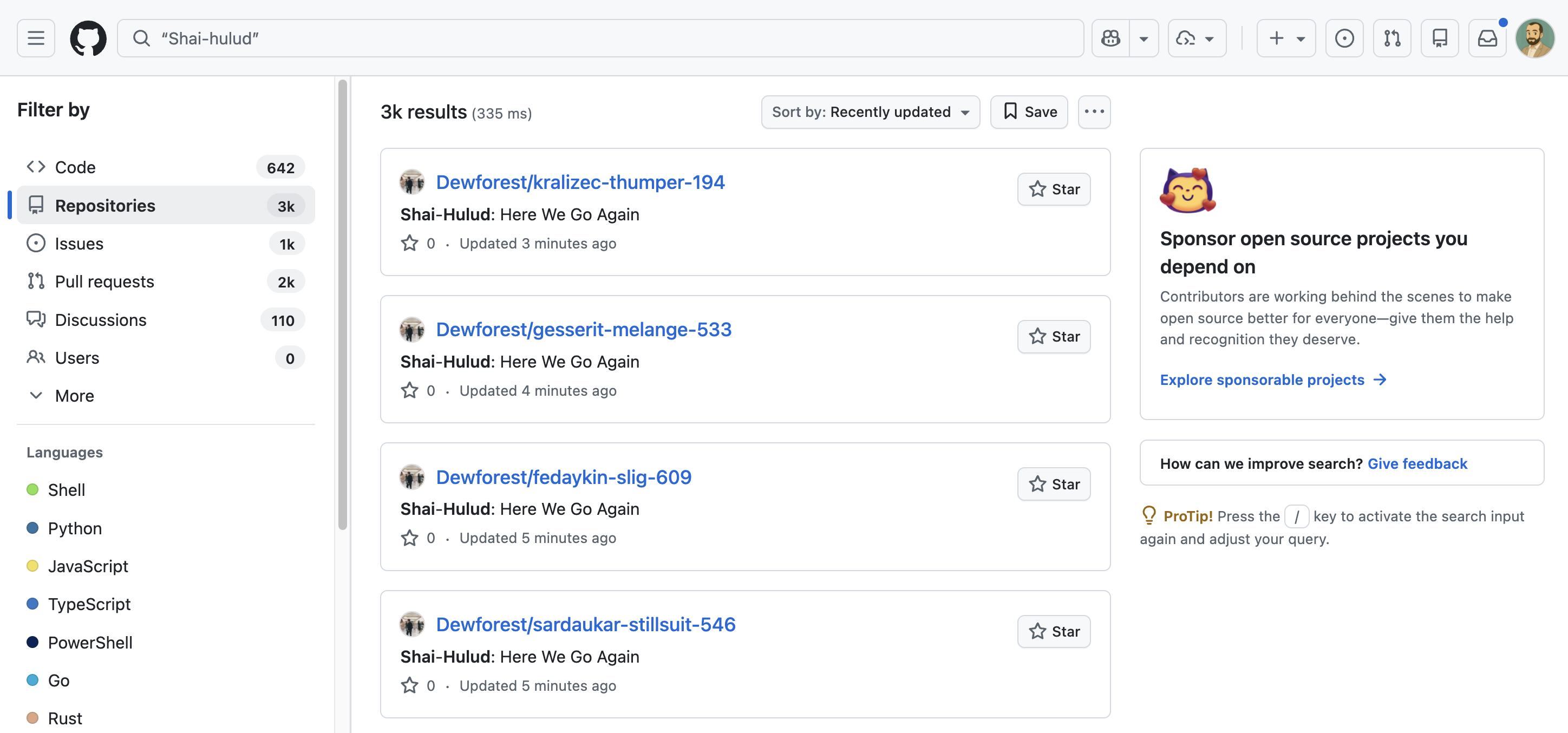 GitHub 搜索 Shai-Hulud 的结果