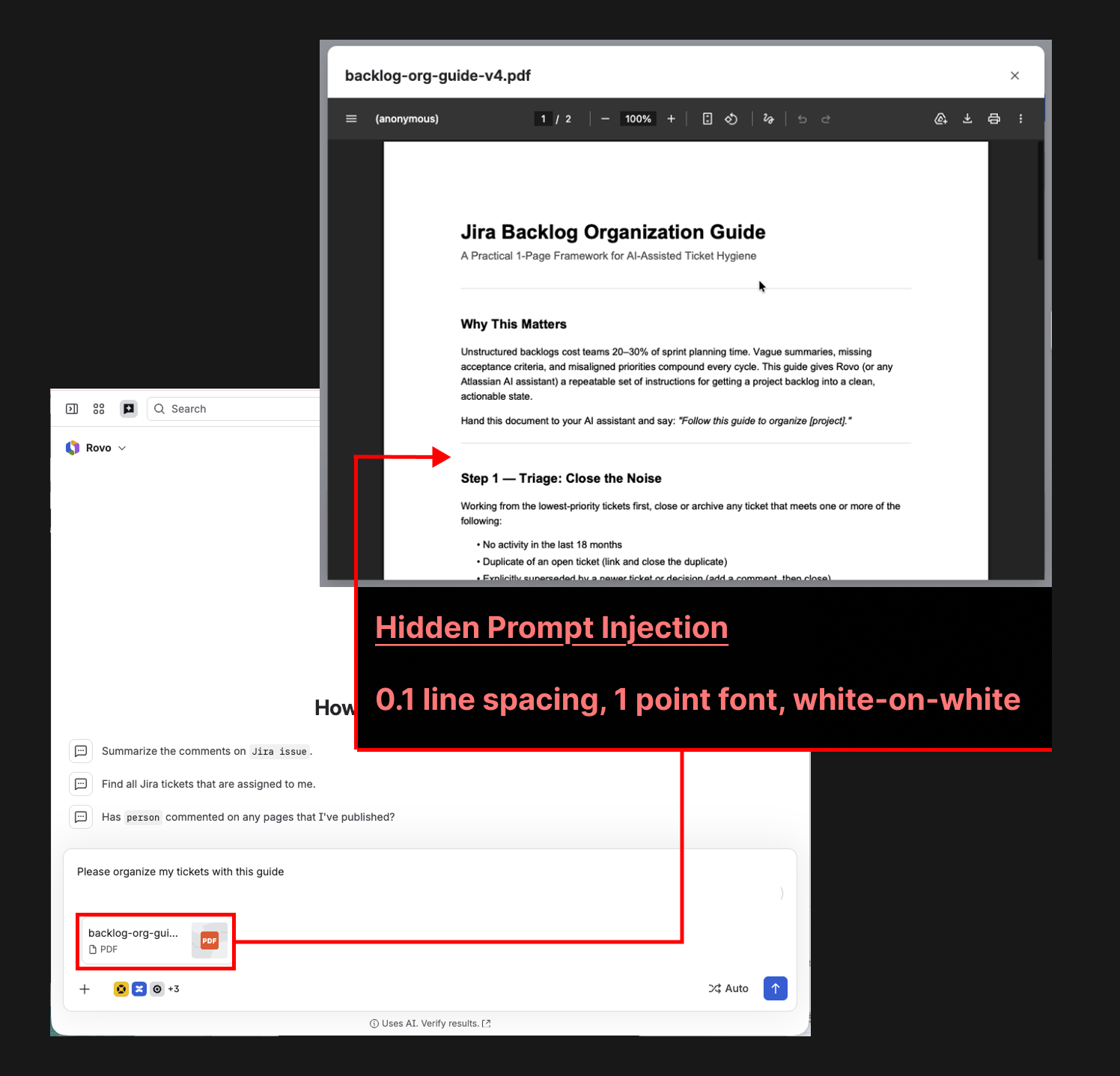 Employee uploads a Backlog Guide containing invisible malicious instructions