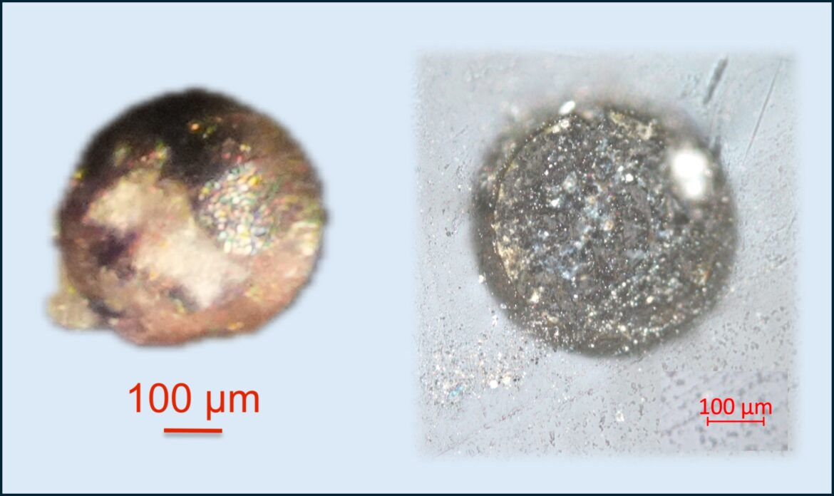 Micrograph of the metallic spherule harboring the new alloy