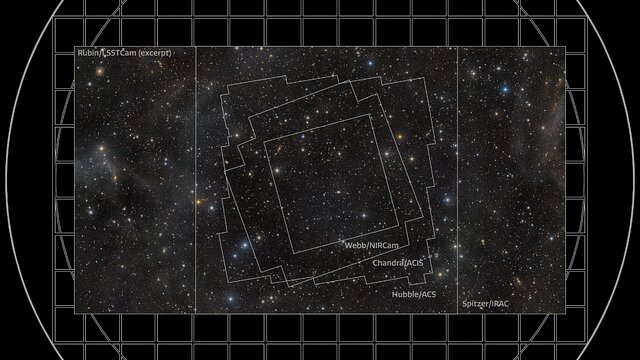 Illustration overlaying repeated footprint scans by the LSST Camera across the COSMOS field