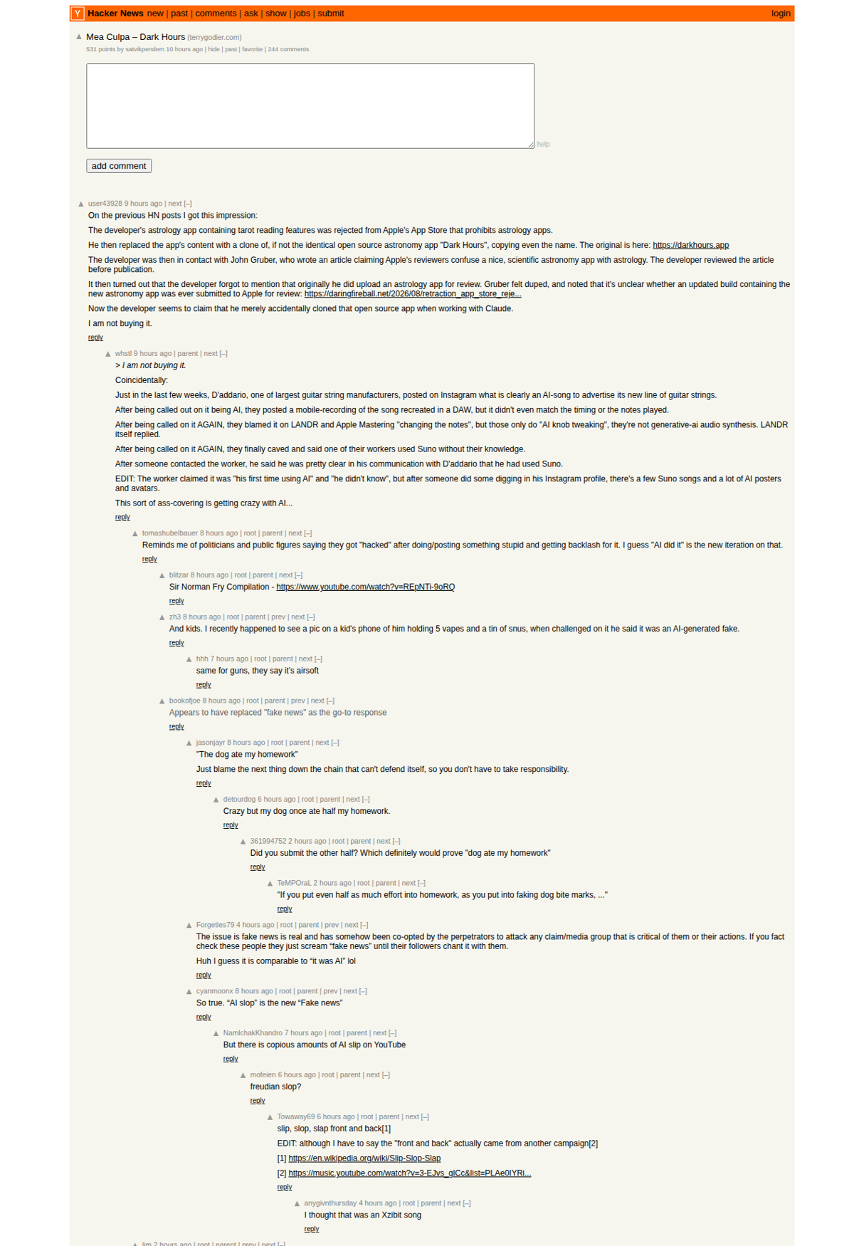 Hacker News post screenshot: Mea Culpa – Dark Hours, 530 points