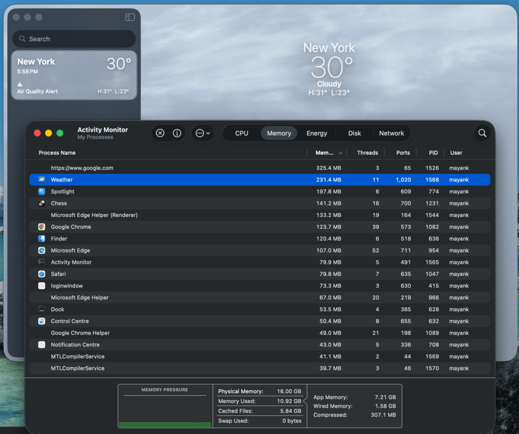 macOS Weather app RAM comparison