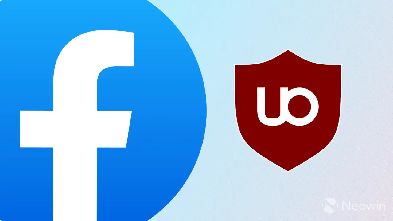 Facebook 蓝 f 与 uBlock Origin 盾牌 logo 合成主图