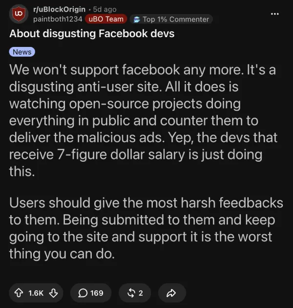 uBO 团队 Reddit 宣布停止支持 Facebook 广告过滤的帖子截图