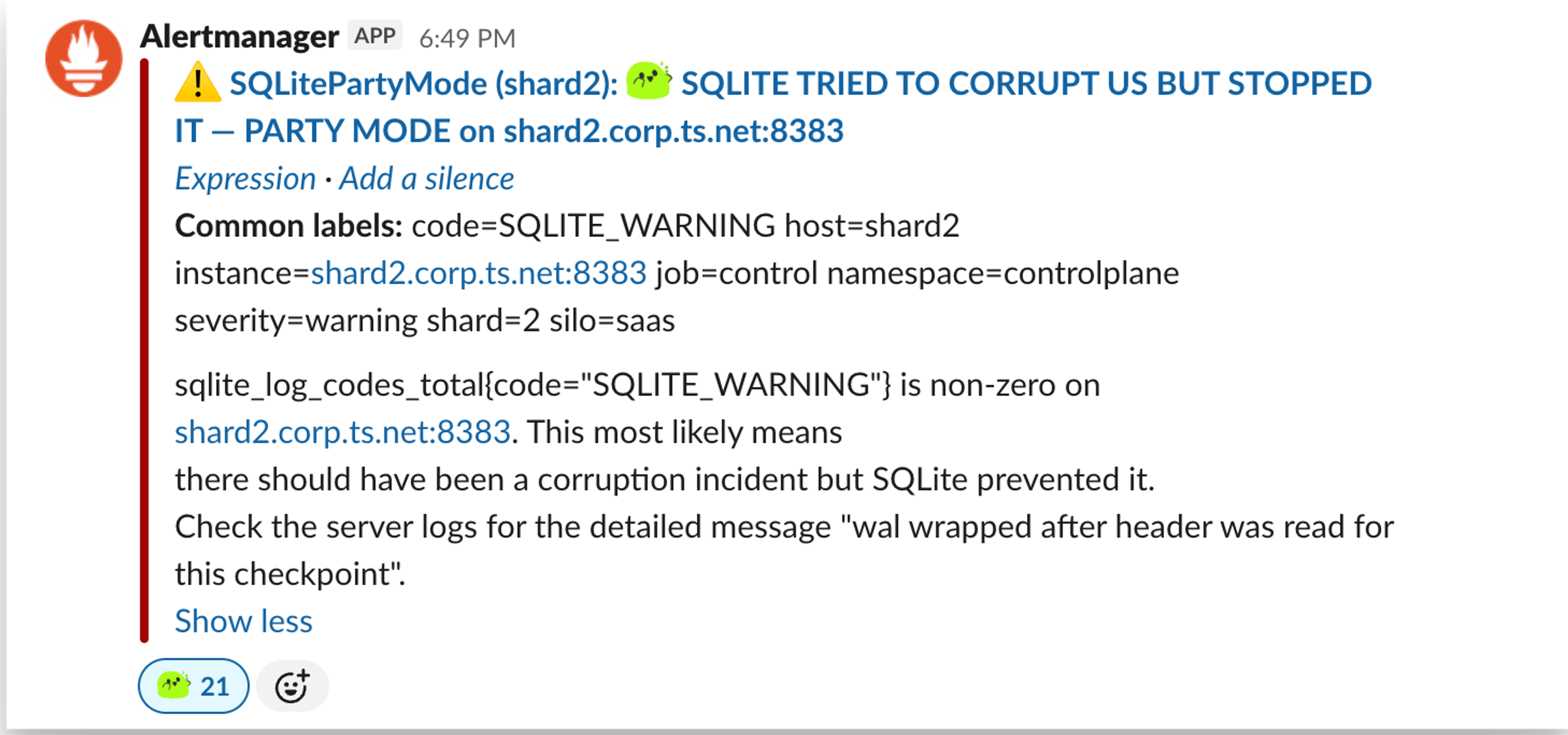 预警截图：SQLite 试图在 party mode 下制造数据损坏，但被系统拦住了