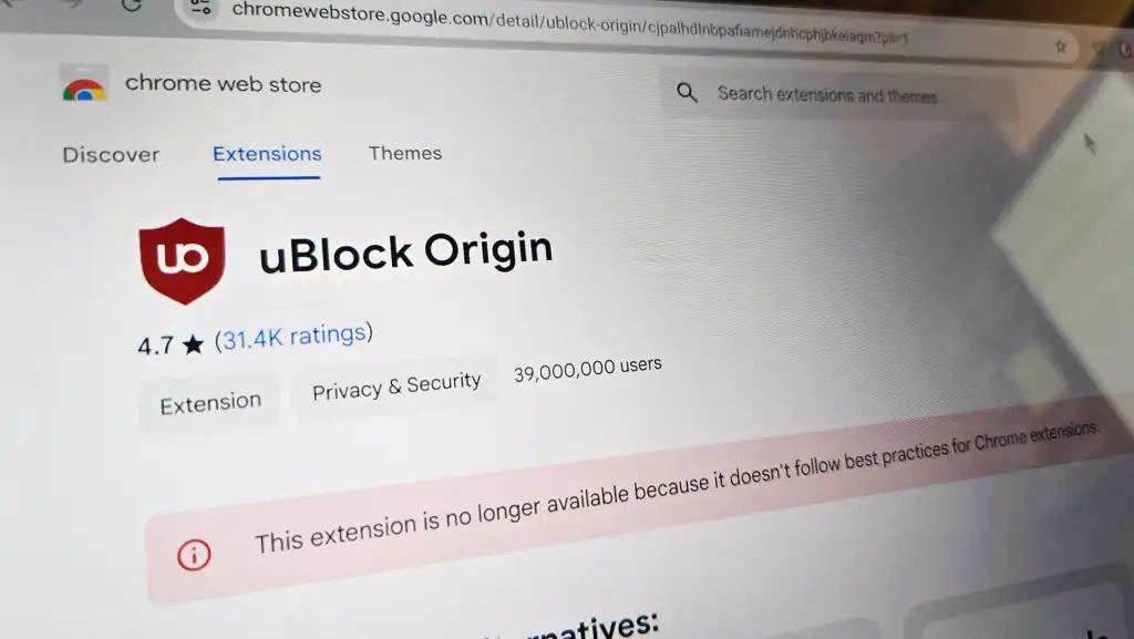 uBlock Origin 在 Chrome 应用商店显示不再可用的页面截图