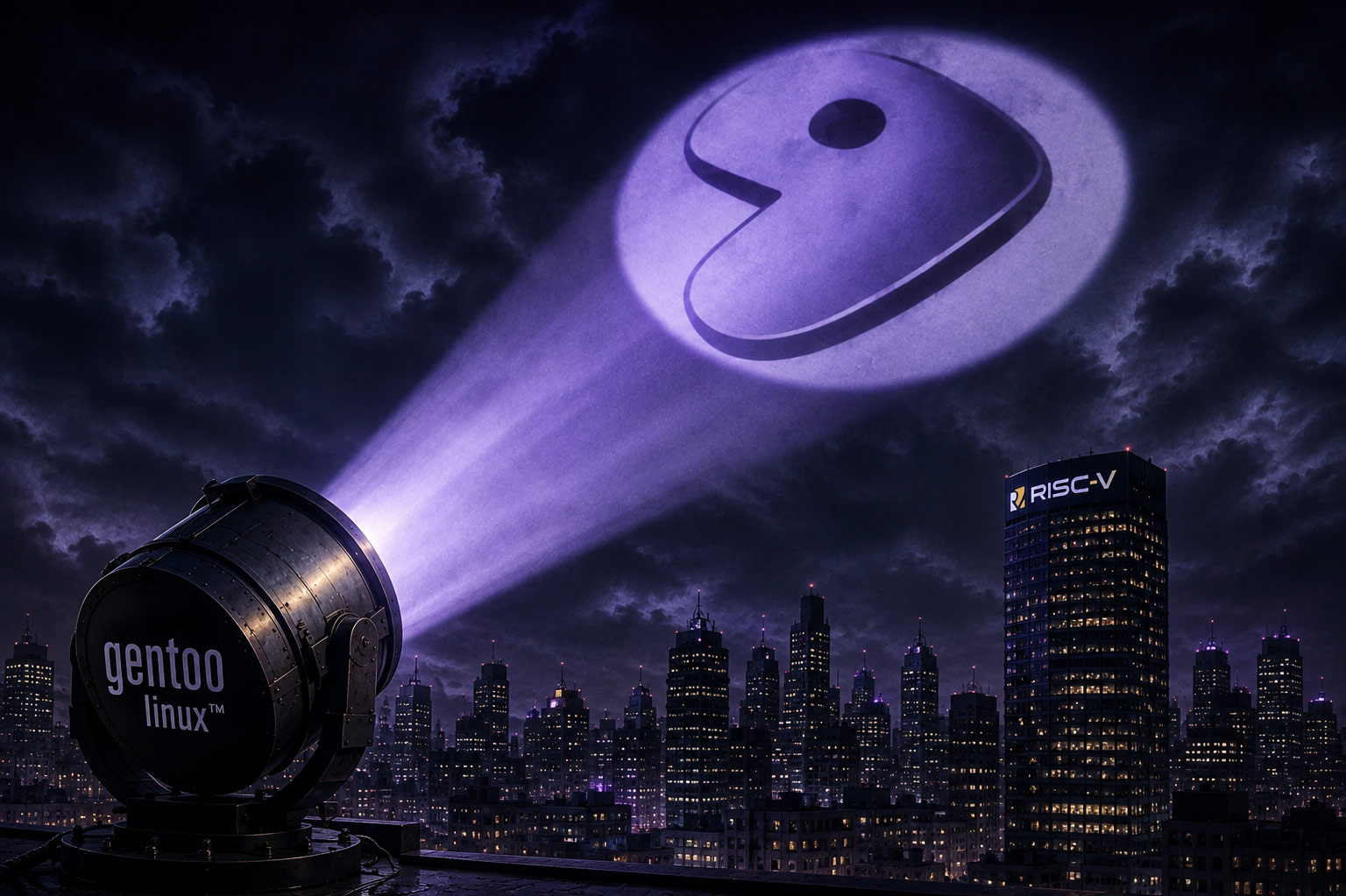 投射在 RISC-V 总部上空的 Gentoo Bat-Signal 标志