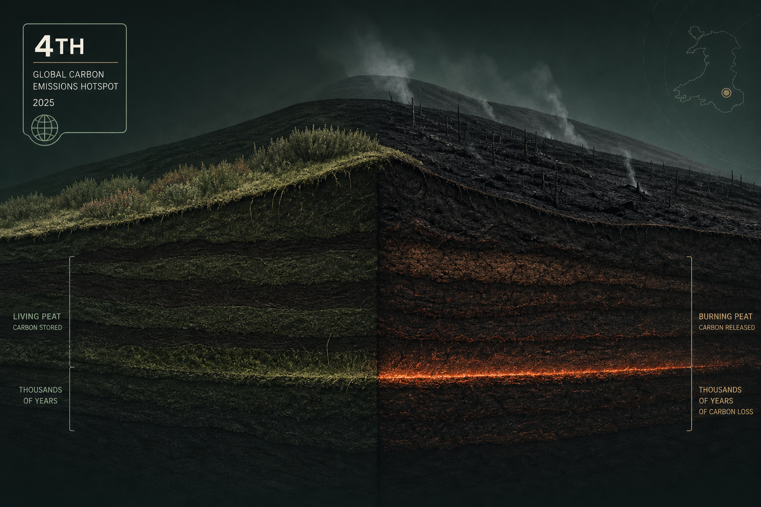 威尔士山火碳排放强度冲上全球第四：地下泥炭在阴燃