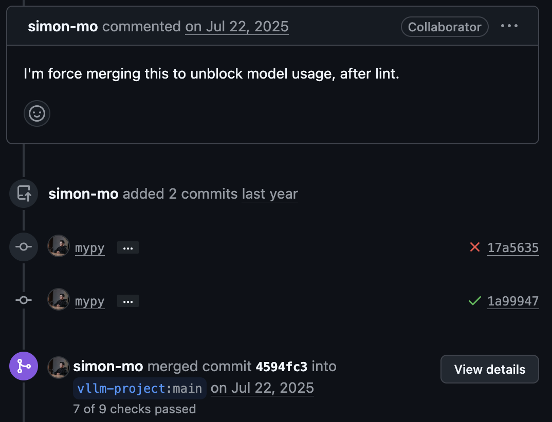 vLLM 首席维护者在 Gemini 已标记严重安全漏洞的情况下 force-merge 的 PR 评论截图
