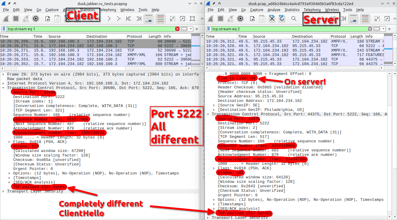 jabber.ru 被劫持的 5222 端口流量 dump，应用层 ClientHello 已被替换