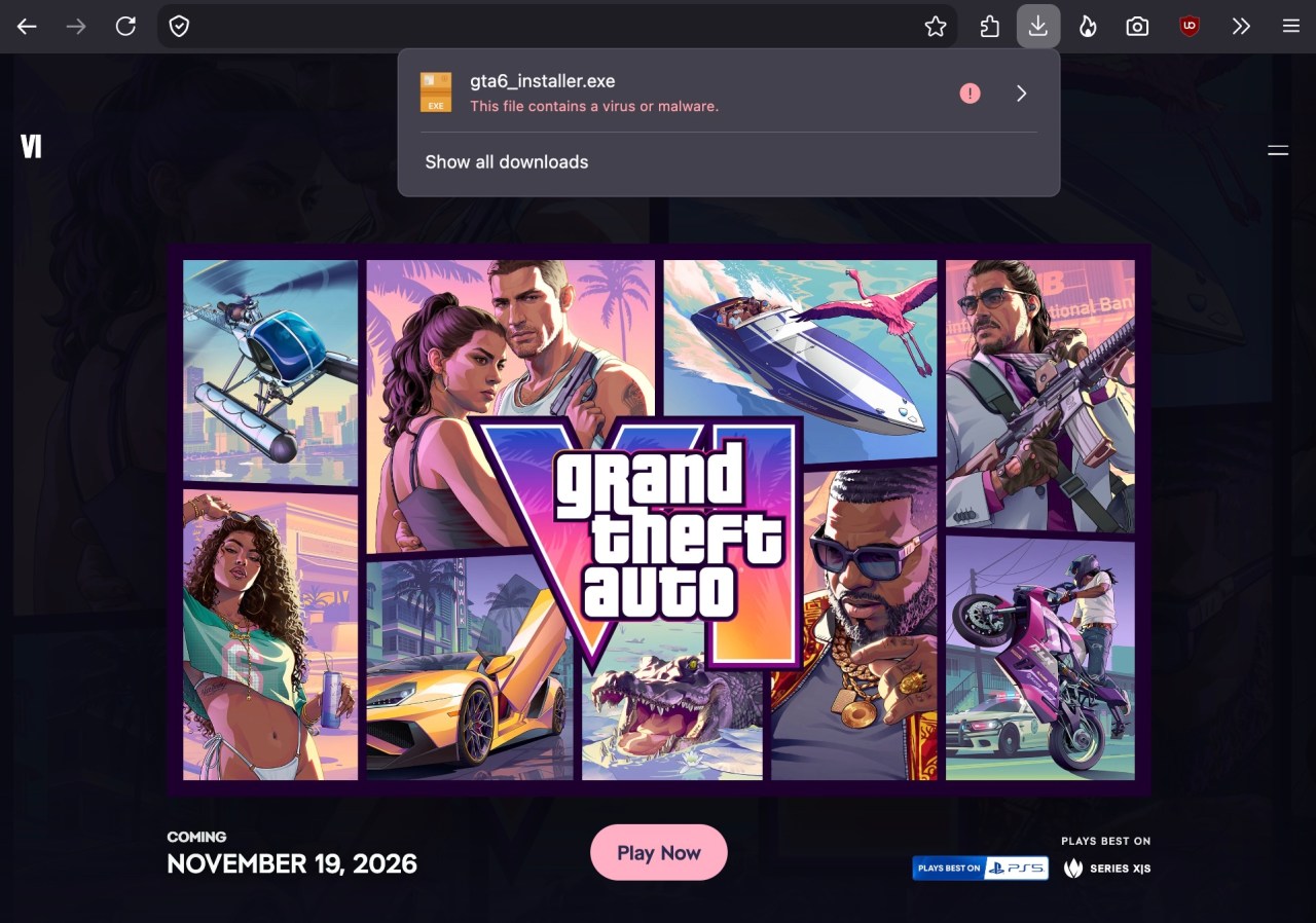 假冒 Rockstar Games 网站恶意软件下载界面