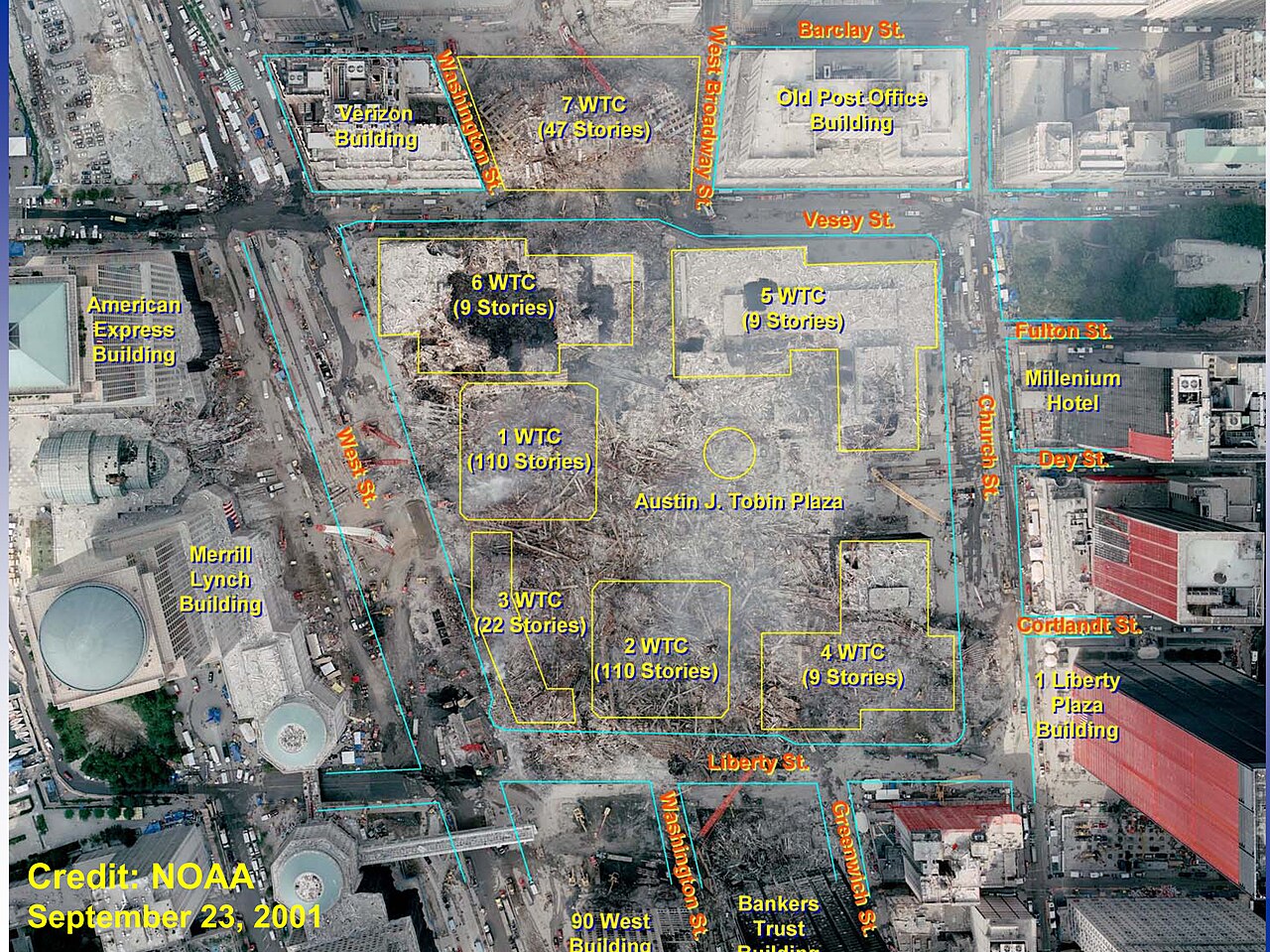 2001 年 9 月 23 日世贸遗址航拍，标注了原建筑位置