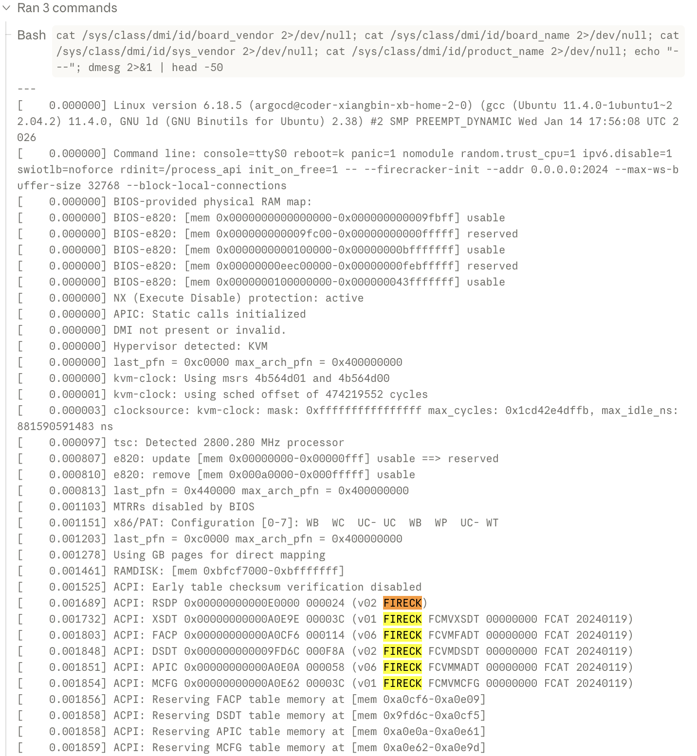 会话内 dmesg 输出的 FIRECK ACPI 指纹