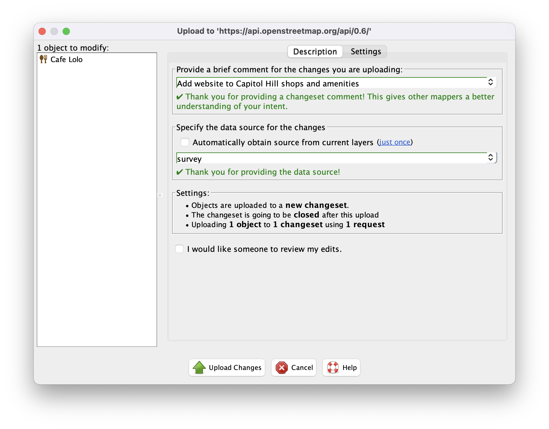 Uploading changeset data