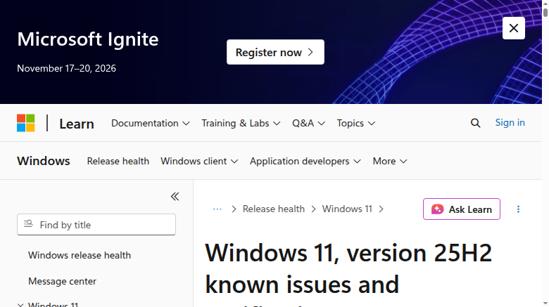 微软 Windows 发布健康页面的已知问题列表