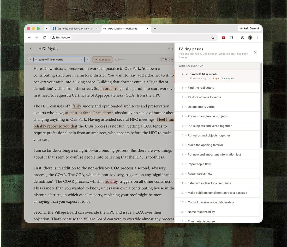 The author's custom tool interface for line-by-line LLM copyediting