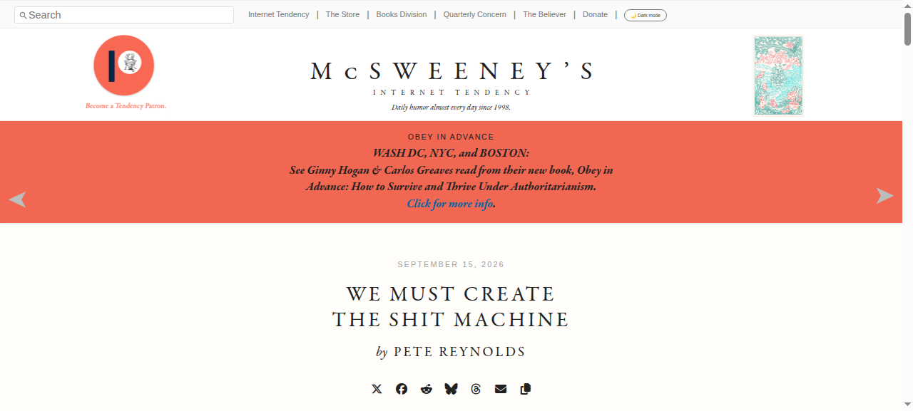 McSweeney's satire 'We Must Create the Shit Machine'