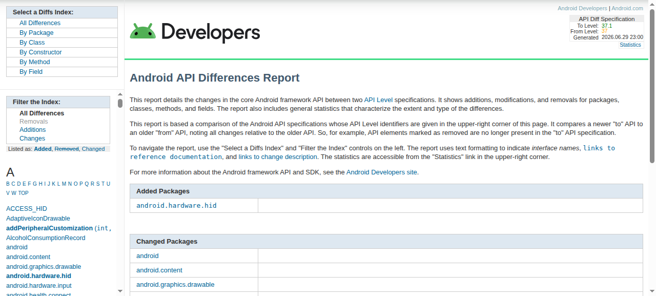 Android 17 API differences page