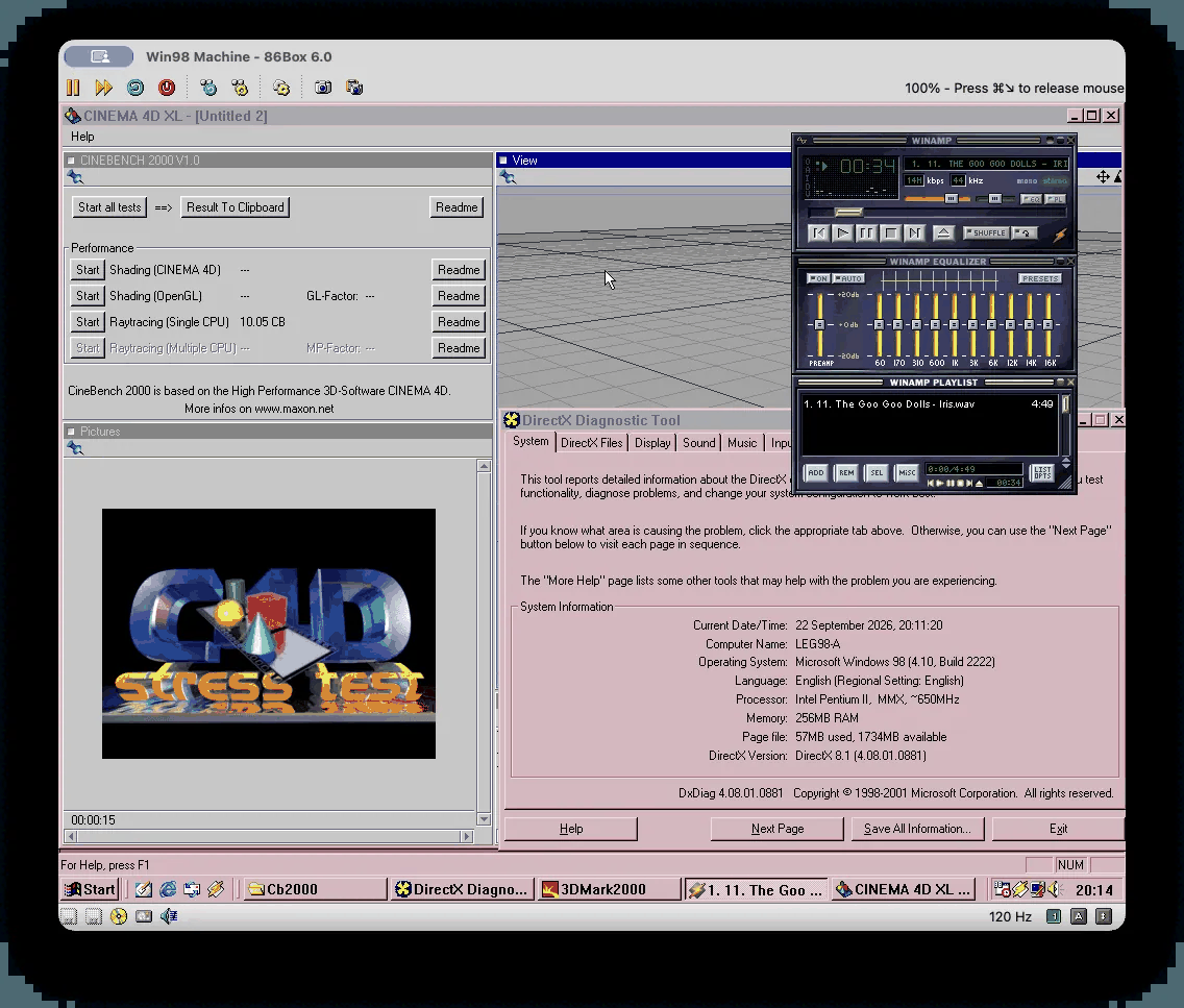 650MHz 模拟 Pentium II 下运行 Cinebench 2000 与 Winamp 的画面