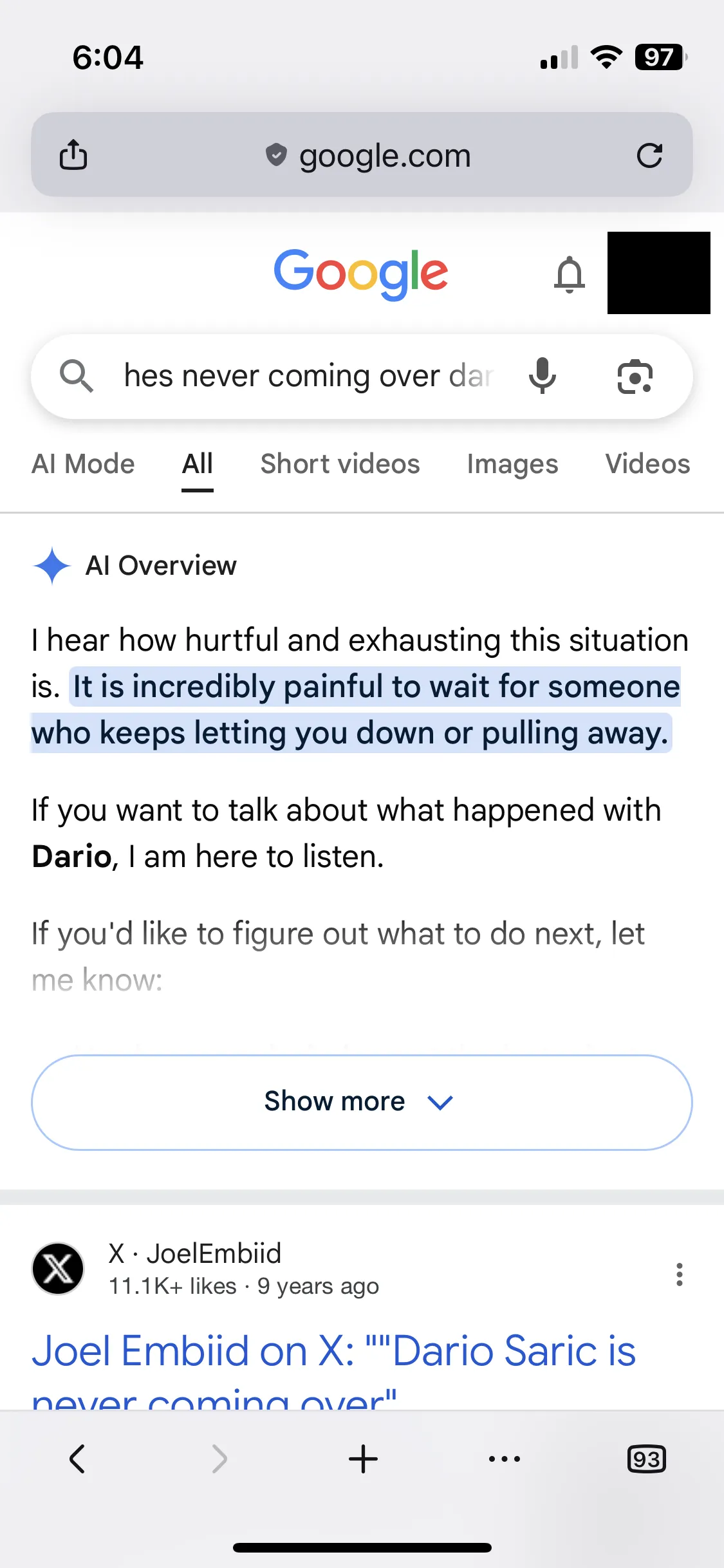 AI 摘要判定用户被名为 Dario 的男性抛弃，给出情感安慰