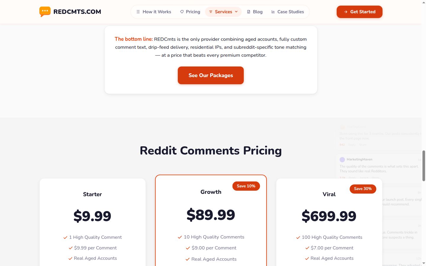 Screenshot of REDCmts price list: one comment $9.99, ten $89.99, one hundred $699.99, September 2026